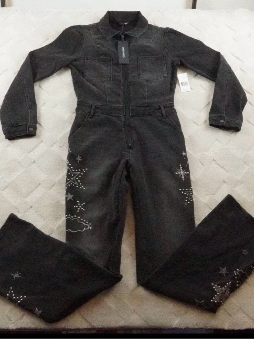 Drfitwood Celestial Jeweled Jumpsuit Womens Small Black Kick Flare Long Sleeve - Picture 4 of 16